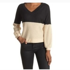 Nordstrom CENY VNeck waffle knit black and beige color block sweater NWT